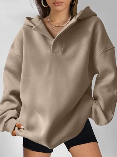 ANRABESS Womens Oversized Hoodies V Neck Sweatshirts Fleece Long Sleeve Pullover Y2K Clothes 2025 Fall Trendy Outfits Khaki Brown XL - Image 5