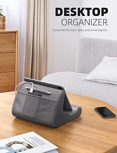 Lamicall Tablet Stand Pillow Holder - Tablet Pillow Soft Pad for Bed, Lap Phone Stand with Stylus Mount & Pocket, for iPad Pro 12.9, Air, Mini, Kindle, Galaxy Tab and 4-13" Devices, Dark Grey - Image 3