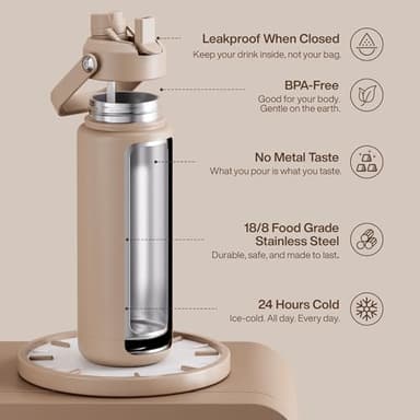 ENCOOL Insulated Water Bottle with Straw Stainless Steel Water Bottle, Leak-Proof, BPA-Free, Double Wall Vacuum Keeps Cold for 24 Hours for Sports, Travel, School (32 oz, Raw Umber) - Image 5