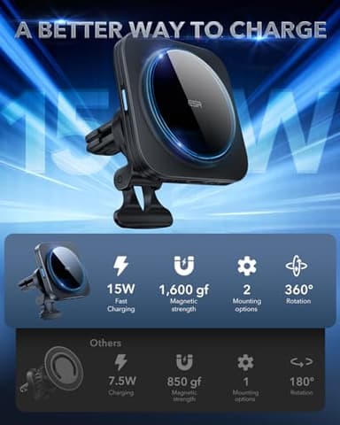 ESR for MagSafe Car Mount Charger, 15W Magnetic Wireless Car Charger, Compatible with MagSafe Car Charger, Air Vent/Dashboard Phone Holder Mount for iPhone 16/15/14/13/12, Fast Charging, Black - Image 2