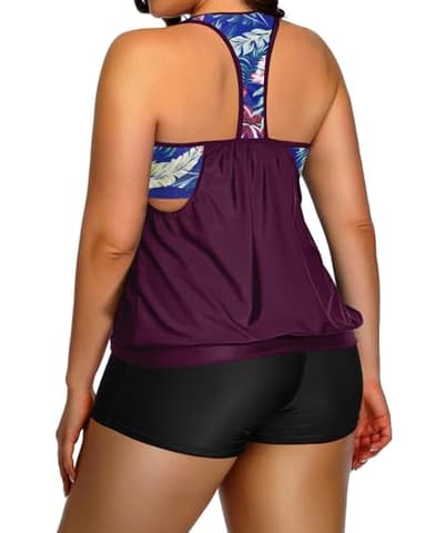 Holipick Purple Floral Plus Size Tankini Swimsuit for Women Two Piece Tummy Control Bathing Suit Blouson Racerback Tankini Top with Shorts 20W - Image 8