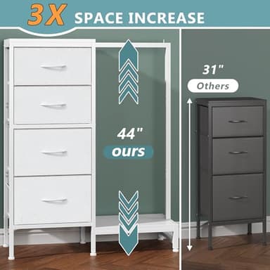 HIGDBFE Dresser with Hanging Rack, 4 Drawers Small Closet for Bedroom, Reversible Fabric Chest of Drawers with Clothes Rack, Tall Storage Tower, Sturdy Frame, White, 44''H - Image 2