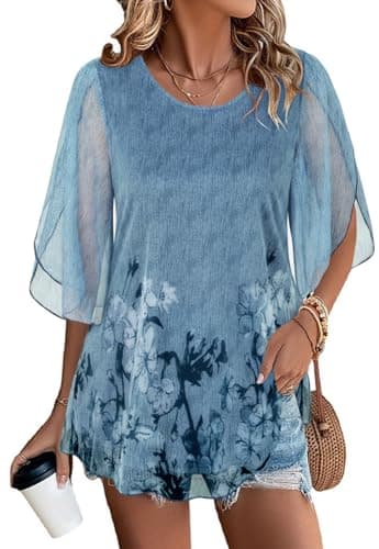 SeSe Code Blue Floral Tops for Women Ruffle Sleeve Dressy Tops for Evening Wear Flowy Chiffon Blouses for Women Business Casual Summer Fashion L - Image 1