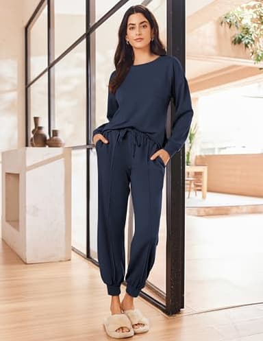 Ekouaer Lounge Sets for Women 2 Piece Jogger Pajama Long Sleeve Pants Loungewear Sweatsuits Casual Matching Outfits Navy Blue S - Image 6