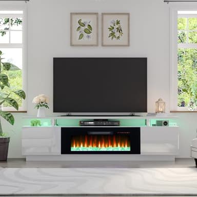 AMERLIFE Fireplace TV Stand with 40" Fireplace, 80" Modern High Gloss Fireplace Entertainment Center LED Lights, 2 Tier TV Console Cabinet for TVs Up to 90", Ivory White - Image 8