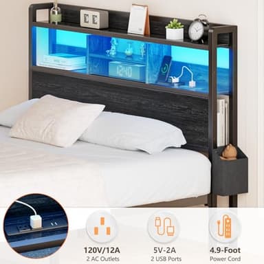 Furnulem Queen Bed Frame with Wood Headboard and Storage Shelf, Metal Platform Bed Frame Queen Size with Storage Drawers, LED Lights and Charging Station, No Box Spring Needed, Noise Free, Black - Image 5
