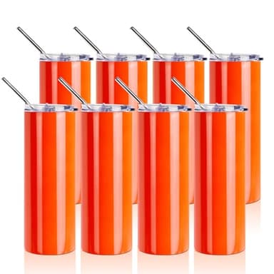 PYD Life 8 Pack 20 OZ Neon Skinny Tumbler Sublimation Blanks Straight Stainless Steel Tumblers for Tumbler Press Machine Sublimation Oven Printing (20 OZ, Neon Orange) - Image 1