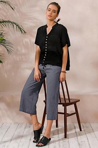 Womens Cotton Cropped Pants Loose Fit Wide Leg Capri Casual Plus Size Elastic Waist Trousers Gray M - Image 4