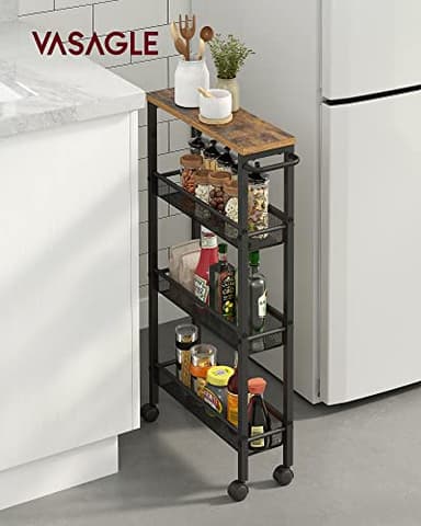 VASAGLE Slim Rolling Cart, 4-Tier Narrow Storage Cart with Handle, 5.1 Inches Deep, Metal Frame, for Kitchen, Dining Room, Living Room, Home Office, Rustic Brown and Classic Black ULRC032B01V1 - Image 2