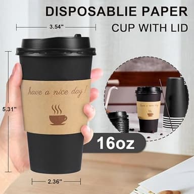 Clawsoff 100 Pack 16 oz Coffee Cups with Lids, Disposable To Go Paper Coffee Cups with Sleeves and Stirring Sticks for Hot/Cold Drinks Office Home Shop Event (Black) - Image 3