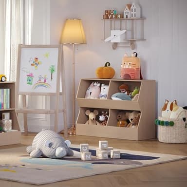 DINZI LVJ Kids Bookshelf, Toy Storage Organizer, Wooden Toy Storage Cabinet, 4 Cubby Children Bookcase, 43.3" L Toddler Book Shelf for Bedroom, Nursery, Hallway, School, Natural - Image 6