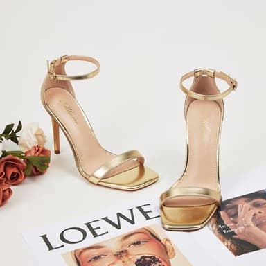 Mhuire Stylish 4 IN Square Open Toe Ankle Strap Stiletto Heels for Women Plain Trendy Strappy Heeled Sandals gold 7 - Image 4