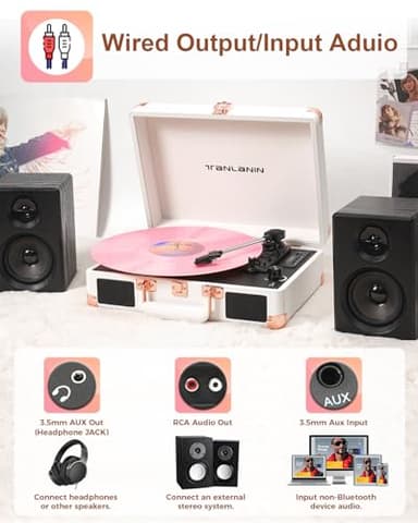 Vinyl Record Player Bluetooth Vintage 3-Speed Portable Suitcase Turntables with Built-in Speakers, Belt-Driven LP Player Support USB Recording AUX-in RCA Line Out Headphone Jack, White - Image 6