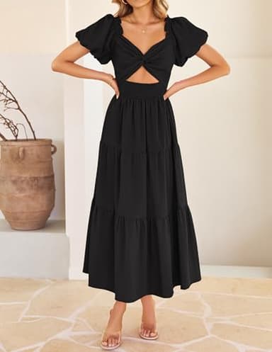 ZESICA Womens Summer 2025 Boho Vacation Dress Short Puff Sleeve Flowy Smocked Cutout A Line Beach Party Dresses,Black,Small - Image 9