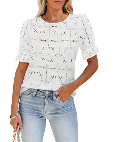 LUXVEER Women's Eyelet Tops Puff Short Sleeve Blouses Dressy Casual 2025 Summer Cute Hollow Out Crochet Lace Embroidered Boho Shirts White XL - Image 1