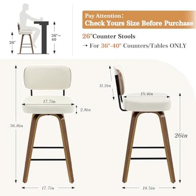 Bekrvio Swivel Counter Height Bar Stools Set of 4, 26" Upholstered Faux Leather Barstools with Back and Bent Wood Legs, Mid Century Modern Bar Chair Island Stool for Kitchen Counter, Cream White - Image 2