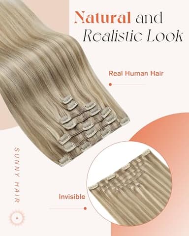 Sunny Hair Clip in Hair Extensions Straight Human Hair Clip in Extensions Remy Clip in Hair Extensions Real Human Hair Extensions Clip ins Golden Blonde Highlights Light Blonde 22inch - Image 2