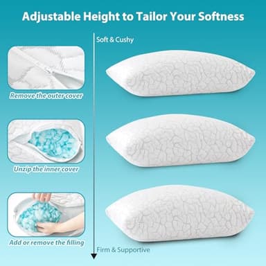WGAKCED Cooling Pillows for Sleeping 2 Pack, Adjustable Shredded Memory Foam Pillows Queen Size Set of 2, Firm Bed Pillows for Side Back Stomach Hot Sleepers, Cold Pillow with Removable Washable Cover - Image 3