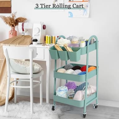 danpinera 3-Tier Rolling Cart, Metal Rolling Storage Cart with Lockable Wheels & Hanging Cups & Hooks, Mobile Trolley for Kitchen, Bathroom, Office, Workshop, Green - Image 5