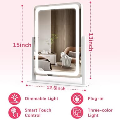ROLOVE Vanity Mirror with Lights, 12.6"×15" LED Makeup Mirror, Lighted Makeup Mirror with Lights, Smart Touch Control Dimmable 3 Modes Light, Lighted Up Mirror for Makeup Desk, Bedroom, Dressing Room - Image 3