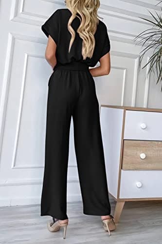 PRETTYGARDEN Women's One Piece Jumpsuits Dressy Casual Summer Short Sleeve Wrap V Neck Belted Wide Leg Pants Romper (Black,Medium) - Image 3