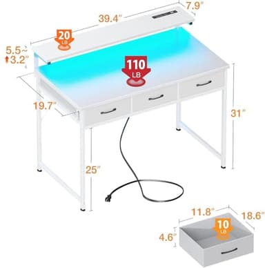 ODK 40 Inch Small Computer Desk with 3 Drawers and USB Power Outlets, Home Office Desks with LED Lights and Adjustable Monitor Stand, Work from Home, Modern Work/Writing/Study Table for Bedroom, White - Image 3