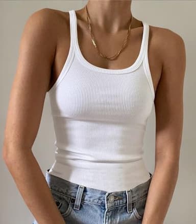 Artfish Women's Sleeveless Full Tank Top Form Fitting Scoop Neck Ribbed Knit Basic Tight Fitted Cami White XS - Image 8