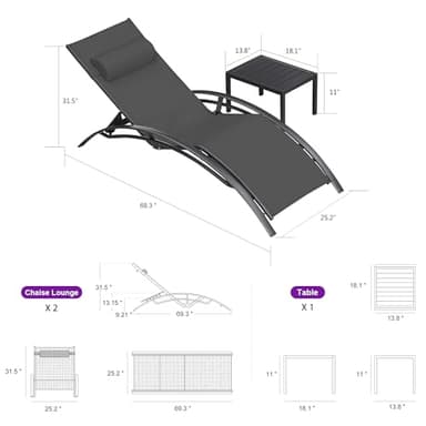 PURPLE LEAF Patio Chaise Lounge Set of 3 Outdoor Lounge Chair Beach Pool Sunbathing Lawn Lounger Recliner Chiar Outside Tanning Chairs with Arm for All Weather, Side Table Included, Black - Image 2
