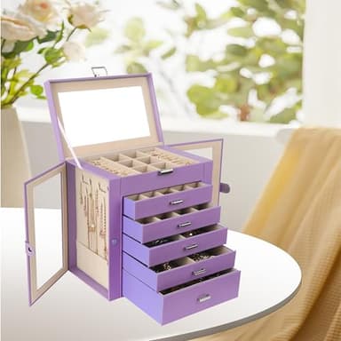 CIIGIO 6 Layer Large Jewelry Boxes With Mirror，Multifunctional 5 Drawers Jewelry Box Organizer with 2 Glass Door for Necklace Organizing (Purple) - Image 6