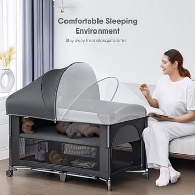 Obee Odee 4 in 1 Baby Bassinet, Pack and Play, Bedside Crib Sleeper, Diaper Changer - Comes with Mattress, Mosquito Net，Bottom Storage and Toy Bar for Newborn to Toddles - Image 2
