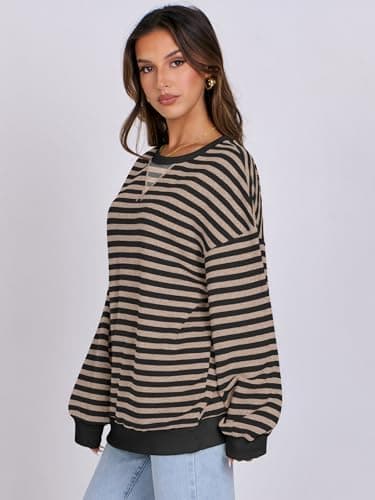 ANRABESS Women Striped Sweatshirts Oversized Crewneck Long Sleeve Shirts Y2K Pullover Top 2025 Fall Outfits Fashion Clothes Black Grey Large - Image 8