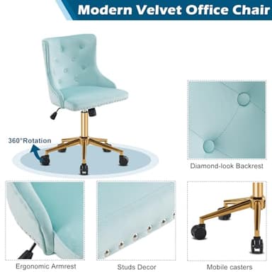 VINGLI Light Blue Armless Home Office Desk Chair with Gold Base/Wheels, Small Cute Vanity/Makeup Chair with Back for Bedroom, Upholstered Adjustable Rolling Swivel Nail Chair for Women/Girls - Image 4