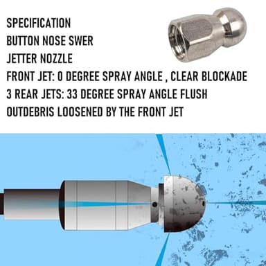 Xiny Tool Sewer Jetter Kit for Pressure Washer 50FT, 4000 PSI Drain Cleaner Hose 1/4 Inch NPT, Corner Rotating and Button Hose Sewer Jetting Nozzle Pearl Corsage Pin Tape Handle Strap Spanner, Blue - Image 4