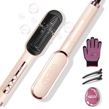 TYMO Ring Plus Ionic Hair Straightener Brush - Straightening Comb with Negative Ions for Women, Titanium Coating, 9 Temp Settings & LED Display, Dual Voltage, Professional Styling Tools, Gold Blush - Image 1