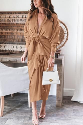 BTFBM Maxi Dresses for Women Fall 2025 Long Sleeve Lapel Neck Button Down Elegant Satin Belted Ruched Summer Shirt Dress(Light Khaki, Large) - Image 4