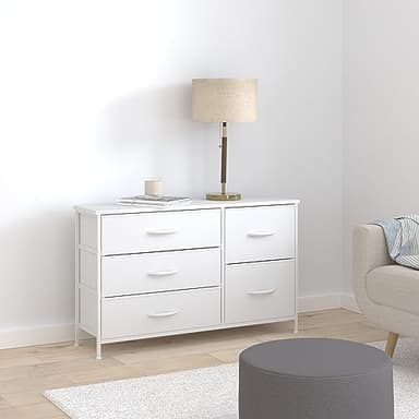 Nicehill White Dresser for Bedroom with 5 Drawers, Small Dresser for Kids' Bedroom, Closet, Wide Chest of Drawers with Fabric Storage Drawers, Wooden Top, Steel Frame, Modern, White - Image 2