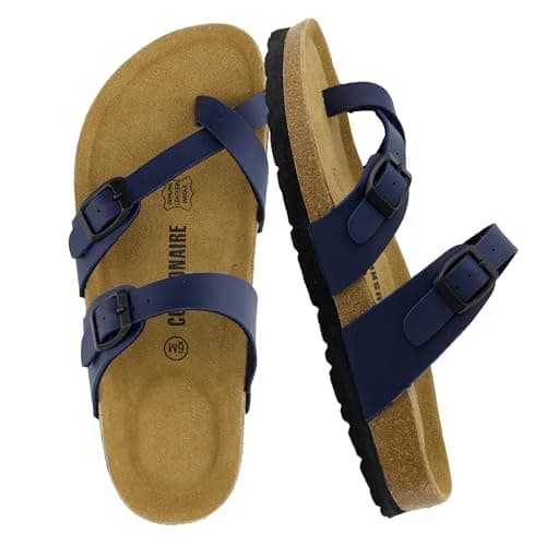 CUSHIONAIRE Luna Crossover Toe Strap Womens Sandals – Cork Footbed Slides with Adjustable Straps, Summer Sandals for Women 2025, NAVY 8.5 - Image 1