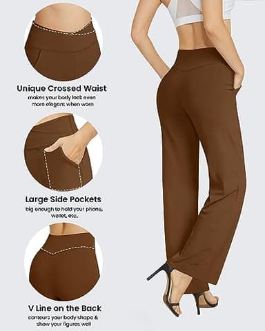 G4Free Yoga Pants for Women with Pockets Wide Leg Dress Pants with Pockets High Cross Waist Stretch Palazzo Pants Straight Leg(Dark Coffee,M,31") - Image 5
