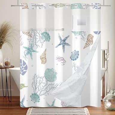Meiguiman No Hook Shower Curtain Nautical Coastal Shower Curtain with Snap in Liner Set Ocean Beach Coral Starfish Bathroom Curtains No Hook Double Layers Fabric Washable 71x74 Inch - Image 7