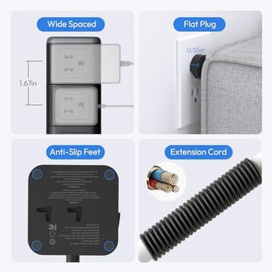 NTONPOWER Power Strip Tower, 1080J Surge Protector, 12 Outlets & 4 USB (2 USB C), 10 Ft Flat Plug Extension Cord, 1625W/13A Overload Protection, Compact for Home Office Dorm - Image 5