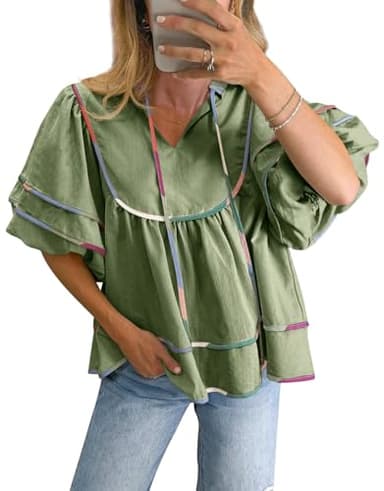 Cicy Bell Womens Summer Babydoll Tops V Neck Short Lantern Sleeve Shirts Cute Loose Fit Peplum Flowy Blouses Army Green - Image 1