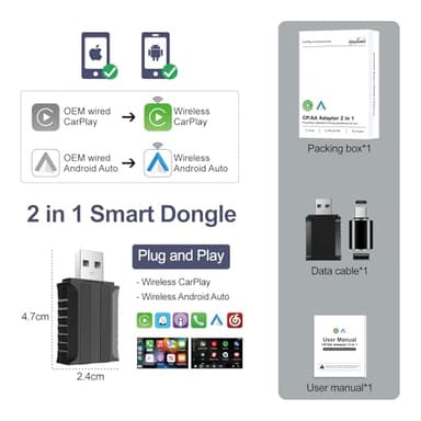 iHeylinkit 2 in 1 carplay Wireless Adapter & Mini Android Auto with Fast Stable Connection, Wired to Wireless Android Auto Car Adapter, Compatible with iphone10+ Android 11+ & Cars from 2018 (Black) - Image 7