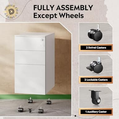 DEVAISE 3-Drawer Steel File Cabinet with Lock, Mobile Vertical White Rolling Metal Filing Cabinet for Home Office Storage, 17.1" D x 11.8" W x 23.6" H - Image 8