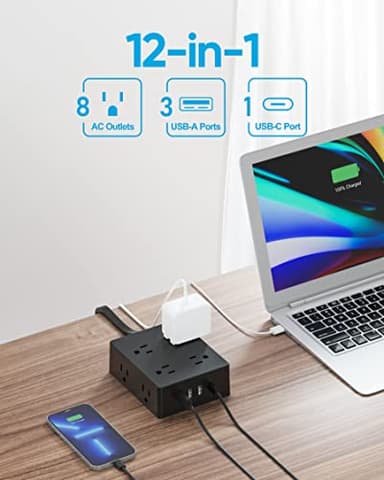 Surge Protector Power Strip, Olcorife Ultra Thin Flat Plug Extension Cord 5ft, 8 Outlets 4 USB Ports(1 USB C), Flat Wall Plug Outlet Extender, College Dorm Room Essentials, Black - Image 2