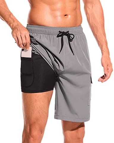 SILKWORLD Mens Swim Trunks with Compression Liner Swimming Shorts Quick Dry Bathings Suits with Cargo Pockets (Grey, XX-Large) - Image 1