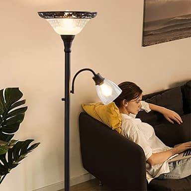 Floor Lamps for Living Room, 70" Floor Lamp Standing Torchiere Lamp with Etched Glass Shade, Metal Pole & Heavy Base, Vintage Tall Corner Lamp Decor for Bedroom, Living Room, Office. No Bulbs (2 Head) - Image 6