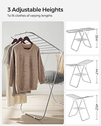 SONGMICS Clothes Drying Rack, with Sock Clips, Metal Laundry Rack, Foldable, Space-Saving, Free-Standing Airer, with 2 Height-Adjustable Gullwings, Indoor Outdoor Use, Silver and White ULLR052W01 - Image 5