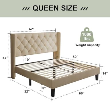Feonase Queen Size Bed Frame with Diamond Tufted Wingback Headboard, Morden Upholstered Platform Bed, Sturdy Wooden Slats Support, Noise-Free, No Box Spring Needed, Easy Assembly, Beige - Image 2