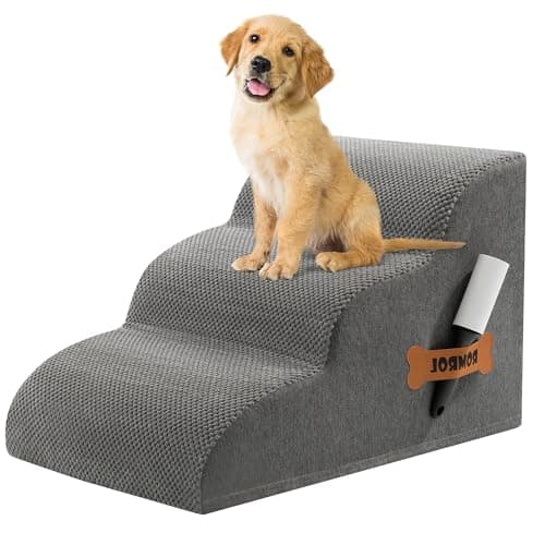 Romrol Dog Stairs Ramp for Beds Couches, 15.7” H 33D Extra Wide Pet Steps with Durable Non-Slip Waterproof Fabric Cover, Dog Slope Stairs for Small Dogs and Cats or Pets Friendly, 3-Tiers, Grey - Image 1