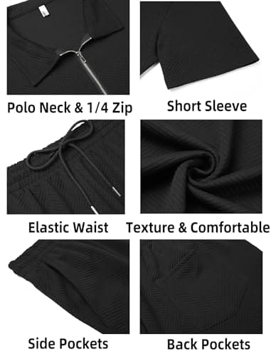 COOFANDY Mens Tracksuit Casual 2 Piece Quarter Zip Polo Shirt and Shorts Set Athletic Jogging Sports Black - Image 5